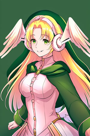 Masterpiece, top quality, high definition, artistic composition,, looking away, (smiling),  dramatic, high contrast,  1girl, solo, medium chest, Divine Chant, 4th Seat of the Black Scripture, blonde hair, green eye, (pink dress:1.2), green hood, very long hair, (angelwing-shaped earmuffs:1.5),