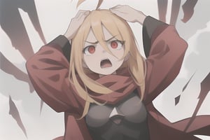 cinematic angle, intense angle,open mouth,annoyed,crazy eyes,,,ahoge,,evileye_overlord, small breast, red cape, both hands on her head, white mask, headache expression, red eyes, black outfit