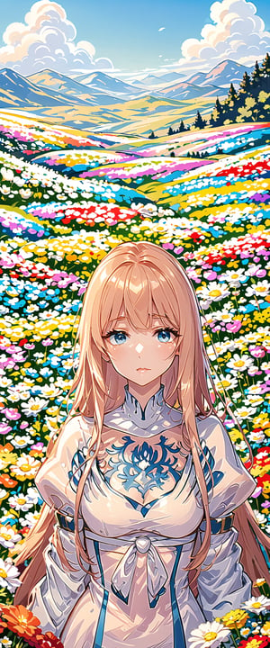 best quality, masterpiece, illustration, incredibly absurdres, 1girl, girl middle of flower, pure sky,clear sky, outside, absurdly long hair, fantastic scenery, the ground of flowers, thousand of flowers, colorful flowers, flowers around her, various flowers, close up, upper body