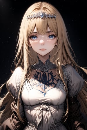 1girl, solo, female focus, medium shot,  ((masterpiece quality: 2)), ((light particles: 1.5)). Upper body. Calca, Calca Bessarez, blonde hair, (extremely long hair:1.3), very long hair, white tiara, white dress, blue eyes, medium chest,Calca