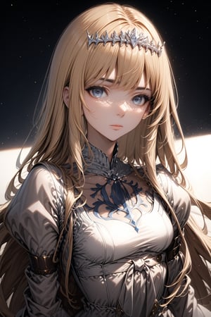 1girl, solo, female focus, medium shot,  ((masterpiece quality: 2)), ((light particles: 1.5)). Upper body. Calca, Calca Bessarez, blonde hair, (extremely long hair:1.3), very long hair, white tiara, white dress, blue eyes, medium chest,Calca