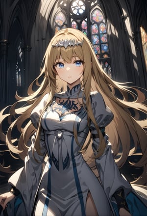 1girl, solo, long hair, looking at the viewer, , ,, highly detailed, best quality, absurd res, lighting, detailed, HDR, natural light, stained glass, indoor, in the gothic victorian style cathedral, Calca, solo, calca, blonde hair, medium chest, extremely long hair, very long hair, extra long hair, white tiara, white dress, blue eyes,Calca Bessarez