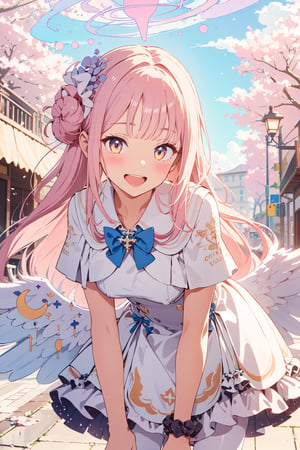 masterpiece, best quality, highres, aamika, halo, long hair, hair flower, angel wings, white wings, low wings, crescent, capelet, blue bow, frills, white dress, wrist scrunchie, white pantyhose, , leaning forward, standing, cherry blossoms, outdoors, smile, open mouth, hand on own knee, 

Valentine wallpaper, Valentine background, red and pink theme, heart, chocolate, love