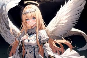 1girl, solo, long hair, looking at viewer, blush, smile, , halo, two angel wings, 1girl, solo, Calca, Calca Bessarez, blonde hair, extremely long hair, very long hair, white tiara, white dress, blue eyes, medium chest, very large white wings