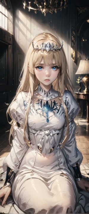 looking at the viewer, bangs,  sitting, parted lips, indoors, realistic, 1girl, solo, Calca, Calca Bessarez, blonde hair, (extremely long hair:1.3), very long hair, white tiara, white dress, blue eyes, medium chest, extremely long hair,blunt bangs