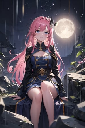 vibrant colors, 1female, masterpiece, sharp focus, best quality, depth of field, cinematic lighting, ((solo, one woman )), (illustration, 8k CG, extremely detailed), masterpiece, ultra-detailed,  pink hair, long hair, ornament in hair, black eyes, medium breast, sleepy smile, eye,  background (flings rocks, rain from sky, blu moon, moon light)