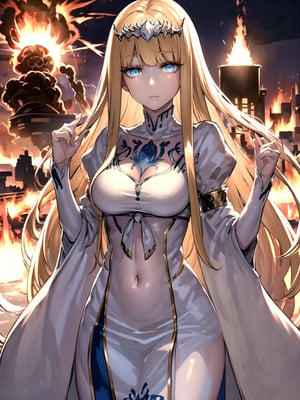 (((masterpiece))),best quality, illustration,(beautiful detailed girl), beautifully detailed glow,((flames of war)),(((nuclear explosion behind))), rain, detailed lighting, detailed water,(beautiful detailed eyes), expressionless,palace,, ,midriff,big ,blank stare, 1girl, solo, , Calca, calca, blonde hair, long hair, medium chest, extremely long hair, very long hair, extra long hair, white tiara, white dress, blue eyes, Calca Bessarez, medium breast,