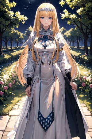 //Quality, masterpiece, best quality
,//Character,
1girl, solo
,//Fashion,
,//Background,
night, black Rose garden
,//Others,
Calca, Calca Bessarez, blonde hair, extremely long hair, very long hair, white tiara, white dress, blue eyes, medium chest