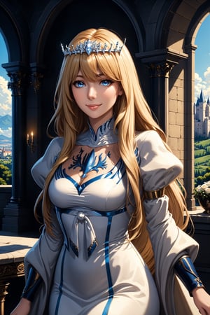 cowboy shot,side shot,detailed Illustration of A well propotioned female, in the luxurious castle, elegant face, ,smile with closed mouth,eyes lightinglatest,best quality,absurdres,((sharpness)),extremely high resolution,1080P,8K, RAW,more detail XL,  1girl, solo, Calca, Calca Bessarez, blonde hair, extremely long hair, very long hair, white tiara, white dress, blue eyes, medium chest