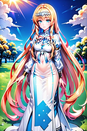  looking at viewer, blush, standing, full body,  outdoors, sky, , day,  cloud, sunlight, ,1girl, solo, Calca, Calca Bessarez, blonde hair, (extremely long hair:1.3), very long hair, white tiara, white dress, blue eyes, medium chest