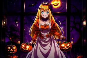 score_9, score_8_up, score_7_up, source_anime, rennertheierechardelonrylevaiself, renner theiere chardelon ryle vaiself, long hair, blue eyes, blonde hair, hair ornament, very long hair, flower, hair flower, smile, evil smile, evil grin, orange long sleeves, orange dress, jewelry, puffy sleeves, Halloween necklace, orange dress, crown, princess, frills, indoors, night, night sky, moonlight, moon, curtains, window, looking at viewer, cowboy shot, glowing eyes, hidden in the shadows,  (Halloween party:1.4), (Halloween decoration:1.4), pumpkin, bat, death tree, graveyard, outdoor, Horror atmosphere,