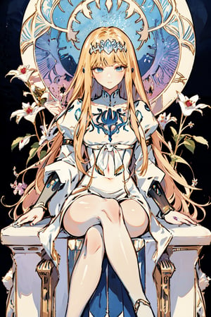 full body photo, ((girl sitting on the throne)). (masterpiece, best quality, very detailed, ultra-detailed, intricate), illustration, pastel colors, high chroma, The color contrast is strong, bright and colorful background, backlighting, art nouveau, perfect light, art nouveau by Alphonse Mucha, tarot cards, (beautiful and detailed eyes), anime style, watercolor, solid color background,
 (fair skin), , shy, shiny, sparkling skin, Japanese style, (camel toe: 1.2).
 extremely detailed, volumetric lighting, colorful,newspaper wall style,  Calca, Calca Bessarez, blonde hair, (extremely long hair:1.3), very long hair, white tiara, white dress, blue eyes, medium chest