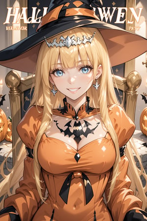 magazine, magazine cover, score_9, score_8_up, masterpiece, best quality, highres, BREAK, solo, smile, female focus, earrings,
(masterpiece), (best quality), 8k illustration, solo, in hall, palace, throne,  (Halloween party:1.4), (Halloween decoration:1.4), blonde hair,Calca,Calca Bessarez,1girl,(extremely long hair:1.3), black tiara, orange dress, light blue eyes,medium chest,blunt bangs
, (orange witch dress:1.4)