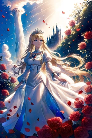 1girl, solo, , flower, female focus, , petals, rose, red flower, red rose,, rose petals, , Calca, calca, blonde hair, long hair, medium chest, extremely long hair, very long hair, extra long hair, white tiara, white dress, blue eyes,Calca Bessarez