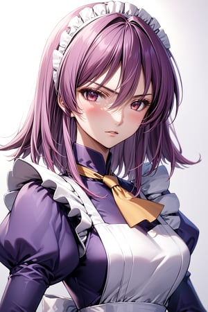 looking at the viewer, blush, upper body, parted lips,  medium chest, dark purple maid, 1girl, solo, dark purple maid dress, white apron, white maid headband, yellow double necktie, puffy sleeve, long sleeve, dark pink hair, (sidelock:1.3), short hair, dark pink eyes, serious face