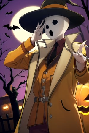 (masterpiece), (best quality), 8k illustration, , 
, 1male, solo, , Neutral mask, face man, four fingers, dark eyes, orange hat, orange trench coat, orange German soldier uniform, black necktie, orrange boots, pandora's actor, open mouth, black mouth, Pandora's Actor, salute pose,  (Halloween party:1.4), (Halloween decoration:1.4), pumpkin, bat, death tree, grave yard, outdoor, Horror atmosphere,, masterpiece, best quality, outdoor, graveyard, tomb, night time, full of ghost, surrounded by ghost, close up