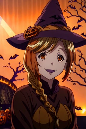 ((Halloween harvest)), ((surrounded by death tree, Enri Emmot, beutiful woman, 1girl, solo, smile, score_9, score_8_up, score_7_up, source_anime, best quality, masterpiece, enri emmot, overlord, brown eyes, blonde hair, facing viewer, beautiful lighting, side plait, plaited hair, smile, outdoors, field, orange sky, orange witch dress, very aesthetic, anime screencap, (Halloween party:1.4), (Halloween decoration:1.4),