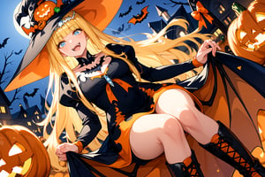 score_9, score_8_up, score_7_up, 1girl,, halloween dress, white bat wings, multiple bat, orange bat ears, black boots, floating, sitting on pumpkin, from below, looking at viewer, smug, closed mouth, outdoors, night, fangs, glitter eyes, (Halloween party:1.4), (Halloween decoration:1.4),Calca,Calca Bessarez,blonde hair,(extremely long hair:1.3), orange tiara, black witch dress, light blue eyes,medium chest,blunt bangs, mature female, open mouth ,shy, embarassed face 