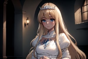 ultra realistic 8k cg, cinematic lighting, cinematic bloom, cool face, cool eyes, hd semirealistic anime cg concept art digital paintin,Calca,, ,blonde hair, , medium chest, extremely long hair, very long hair, extra long hair, white tiara, white dress, blue eyes,