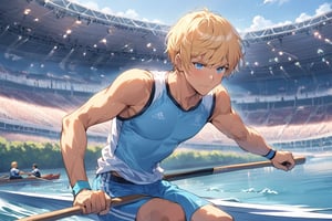 An Anime male rowing event at the OlympIcs,climb, blonde hair, short hair, blue eyes, light blue sport cloth, distance shot, river in Paris, 