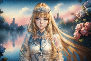 A stunning young woman, modernism, 2D, anime, 2d illust, (Anime Illustration:1.4), , (masterpiece, top quality, best quality, official art, beautiful and aesthetic:1.2), pink flower, (hydrangea, blue flower),(rain:1.2), (lights reflection),outdoors, portrait, extreme detailed, (fractal art:1.3), highest detailed, depth of field,amazing quality, score_9, score_8_up,REALISTIC, in the style of esao andrews,1girl, solo, Calca, Calca Bessarez, blonde hair, extremely long hair, very long hair, white tiara, white dress, blue eyes, medium chest, castle background, beautiful scenery