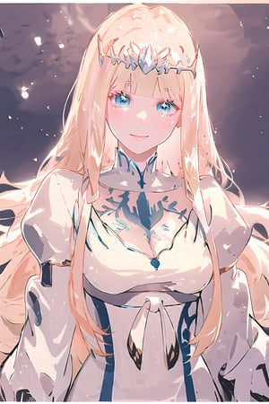 (masterpiece, best quality, highres:1.3), (1girl), serenity, innocence, dreaminess, smiling, goddess, ,,kind, solo, watercolor, Calca, Calca Bessarez, blonde hair, (extremely long hair:1.3), very long hair, white tiara, white dress, blue eyes, medium breast