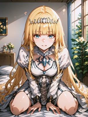 score_9, score_8_up, score_7_up, score_6_up, score_5_up, score_4_up, source_anime, BREAK 1girl, solo,  sitting, girl on top, bed, downblouse, indoors,Calca,Calca Bessarez,blonde hair,(extremely long hair:1.3),white tiara,white dress,blue eyes,medium chest,blunt bangs