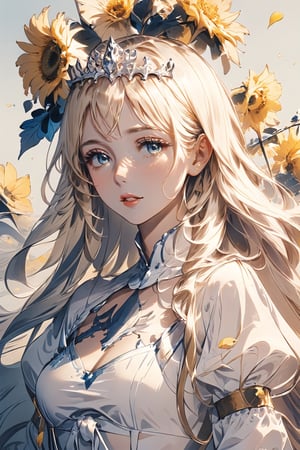 1girl, solo, looking at the viewer, parted lips,, gradient, petals, gradient background, eyelashes,, portrait, yellow flower,Calca, , calca, blonde hair, medium chest, extremely long hair, very long hair, extra long hair, white tiara, white dress, blue eyes,Calca Bessarez,medium breast