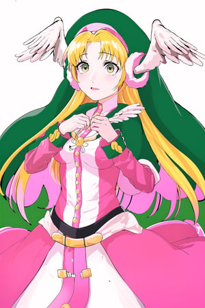 Divine Chant, 4th Seat of the Black Scripture, blonde hair, green eye, pink dress, green hood, very long hair, 1girl, angelwing-shaped earmuffs