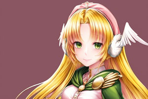 Very detailed, high quality, masterpiece, beautiful, distant shot, , , , 25 years old, , in luxurious room,   1girl, solo, medium chest, Divine Chant, 4th Seat of the Black Scripture, blonde hair, light yellow hair, green eye, (pink dress:1.2), green hood, very long hair, white angelwing-shaped earmuffs, close up, upper body