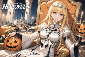 magazine, magazine cover, score_9, score_8_up, masterpiece, best quality, highres, BREAK, solo, smile, female focus, earrings,
(masterpiece), (best quality), 8k illustration, solo, in hall, palace, throne,  (Halloween party:1.4), (Halloween decoration:1.4), blonde hair,Calca,Calca Bessarez,1girl,(extremely long hair:1.3),white tiara,white dress,blue eyes,medium chest,blunt bangs