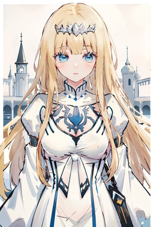 1girl, solo, Calca, calca, blonde hair, long hair, medium chest, extremely long hair, very long hair, extra long hair, white tiara, white dress, blue eyes, Calca Bessarez, medium breast,(masterpiece, best quality, highres:1.3), ultra-resolution image, upper body, 