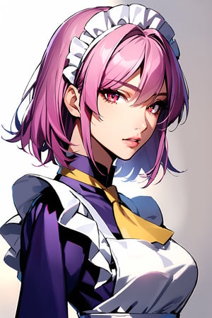  looking at viewer, upper body, parted lips, , from the side, lips, looking to the side,1girl,dark purple maid dress,white apron,white maid headband,yellow double necktie,long sleeve,dark pink hair,sidelock,short hair,dark pink eyes, mature female, 25 years old