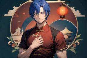 //Quality,
(masterpiece), (best quality), 8k illustration,
//Character,
1male, solo, china background, Chinatown, dark blue Chinese outfit,

 red theme, Chinese lantern, Chinese decoration, blue outfit, blue uniform, Chinese New Year, Chinese festival, dark blue Chinese dress, Chinese theme outfit, Chinese pattern outfit, ,,Brain, Brain Anglaus, blue hair, muscle body, black eyes, adult man, short beard