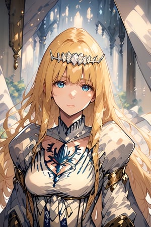 score_9, score_8_up, score_7_up, masterpiece, best quality, , looking_at_viewer, 1girl, solo, Calca, Calca Bessarez, blonde hair, (extremely long hair:1.3), very long hair, white tiara, white dress, blue eyes, medium chest