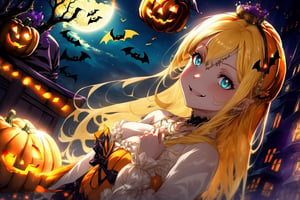 dancing, light smile, orange witch, (Woman dressed in a orange spooky Halloween costume:1.3), holding a small dark blue box, pumpkins decoration, score_9, score_8_up, score_7_up, source_anime, rennertheierechardelonrylevaiself, renner theiere chardelon ryle vaiself, long hair, blue eyes, blonde hair, hair ornament, very long hair, flower, hair flower, light smile, too much blushing, orange long sleeves, Halloween dress, jewelry, white puffy sleeves, necklace, orange dress, crown, princess, frills, indoors, night, night sky, moonlight, moon, Halloween curtains, window, looking at viewer, cowboy shot, dutch angle,  (Halloween party:1.4), (Halloween decoration:1.4), pumpkin, bat, death tree, graveyard, outdoor, Horror atmosphere,