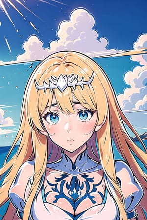 masterpiece, best quality, 1girl,, aqua eyes, looking at viewer, confused look, blue sky, cloud trail, ,,solo, calca, blonde hair, , medium chest, (extremely long hair:1.3), very long hair, extra long hair, white tiara, white dress, blue eyes,