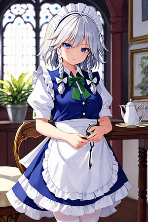 1girl, painters artists, fullcolor, , indoor, victorian gothic style mansion, Sakuya Izayoi, blue maid outfit, white apron, white maid headband, silver hair, (two braided hair), short hair, blue eyes, blue eyes, (two green ribbons on her braided hair), green bowtie, Sakuya,izayoi_sakuya_touhou