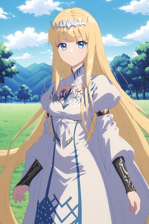 looking at the viewer, bangs,, standing, ,, outdoors, , from the side,,,anime,diathornstyle,action shot, 1girl, solo, Calca, Calca Bessarez, blonde hair, (extremely long hair:1.3), very long hair, white tiara, white dress, blue eyes, medium chest,extremely long hair