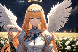 //Quality,
masterpiece, best quality
,//Character,
1girl, solo
,//Fashion,
,//Background,
night, Rose garden
,//Others,
 yellow roses, , halo, two angel wings, 1girl, solo, Calca, Calca Bessarez, blonde hair, extremely long hair, very long hair, white tiara, white dress, blue eyes, medium chest, very large white wings, close up