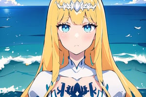 (masterpiece, best quality, highres:1.3), ultra-resolution image, ocean, 1girl, solo, Calca, Calca Bessarez, blonde hair, (extremely long hair:1.3), very long hair, white tiara, white dress, blue eyes, medium chest, close up, upper body