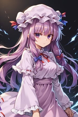  score_9, score_8_up, score_7_up, score_6_up, source_anime, ((masterpiece)), ultra-detailed, best quality, 8k, high resolution, high detailed eyes, attractive eyes, serious face, extremely detailed face, extremely detailed eyes, dynamic pose, 1girl, solo, patchouli_knowledge, long hair, straight hair, purple eyes, purple hair, pale purple dress, pale purple hat, ribbons