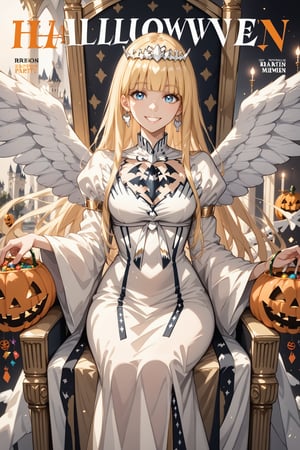 magazine, magazine cover, score_9, score_8_up, masterpiece, best quality, highres, BREAK, solo, smile, female focus, earrings,
(masterpiece), (best quality), 8k illustration, solo, in hall, palace, throne,  (Halloween party:1.4), (Halloween decoration:1.4), blonde hair,Calca,Calca Bessarez,1girl,(extremely long hair:1.3),white tiara,white dress,blue eyes,medium chest,blunt bangs,
1angel, (enormous white wings:1.3), (very big wings:1.2), upper wings, himecut