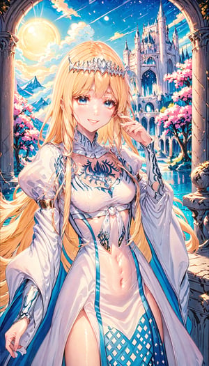 1girl, young,  smile, expressive eyes, palace, fantasy, outdoors, masterpiece, best quality, vibrant colors, intricate details, cinematic lighting, aesthetic, awe-inspiring,  1girl, solo, Calca, Calca Bessarez, blonde hair, (extremely long hair:1.3), very long hair, white tiara, white dress, blue eyes, medium chest, , extremely long hair