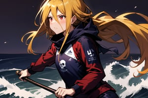 Picture a woman at the Olympic Sailing Championships, skillfully steering her yacht through rough waves and across the ocean, skull flag,Evileye \(overlord\), yellow hair, long hair, red eyes, flat chest, black red sportwear