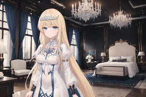  1girl, solo, Calca, Calca Bessarez, blonde hair, (extremely long hair:1.3), very long hair, white tiara, white dress, blue eyes, medium chest, extremely long hair, indoor, in the luxurious room