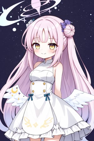 1girl, (, tiny, chibi), cute, closed mouth, smile, (arms behind back), standing,aamika, white dress, yellow eyes, pink hair, very long hair, halo, angel wings, lower wings, tighthigh