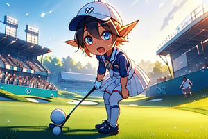 (playing golf), ((holding golf clubs), ((golf course)),, (((olympics))),, visor cap, ,(((white skirt))), ,,open mouth,shy, blushing, ,,,scoreboard, outdoors, ,,bright colors,sharp focus,best quality,depth of field,cinematic lighting,(illustrated,8k CG,very detailed),ultra detailed,high resolution,firefly,perfect light,8k,very clear,best quality,high resolution.best quality,illustrated, (Dynamic Lighting: 1.2), Cinematic Lighting, Delicate facial features, Depth of field, Bokeh, Sharp focus, (Super detailed, Bloom, Brightness: 1.4), Lots of little gems, Intermission, Cheers, Official scorer, Spectators in far stands, Stadium, Olympic venue, heterochromia, one blue eye on the left of the image, one green eye on the right of the image, long pointy ears 1child,, mare bello fiore,mare_overlord