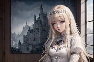 1girl, solo, upper body, masterpiece, best quality, aesthetic, rough brushstrokes,illustration, Beautiful iris with high precision, Realistic Blue Eyes, lethargic sleepy smokey eyes,(black eyelashes),((slit pupil eyes))), Luxury Room Backdrops ,,sad,,Extremely Realistic, Calca, , ,blonde hair, , medium chest, extremely long hair, very long hair, extra long hair, white tiara, white dress, blue eyes,