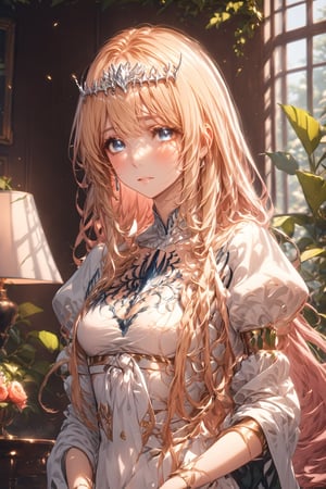 masterpiece, best quality, extremely detailed, (illustration, official art:1.1), 1 girl,  ((blush))  masterpiece, best quality,(((((a very delicate and beautiful girl))))), Amazing, beautiful detailed eyes,((((little delicate girl)))), (true beautiful:1.2), , masterpiece, best quality,1girl, solo, flower, rose, , red flower, red rose, vines, , looking at the viewer, parted lips, , black flower, , holding, plant, white background, black rose, picture frame, card,, blurry ////////,  ,1girl, solo, Calca, Calca Bessarez, blonde hair, (extremely long hair:1.3), very long hair, white tiara, white dress, blue eyes, medium chest